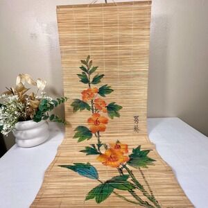 Vintage Asian Hand Painted Floral Bamboo Hanging Scroll Tapestry